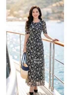 Đầm maxi voan cổ tròn nền đen bông trắng  - F216