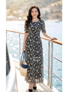 Đầm maxi voan cổ tròn nền đen bông trắng  - F216