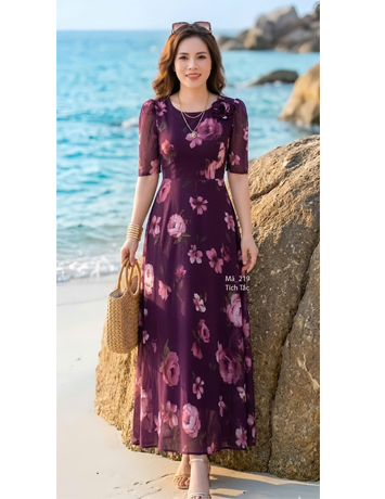 Đầm maxi voan cổ tròn bông nền đỏ tím   - F219