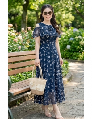 Đầm xòe voan bông hở vai màu xanh đen - F220