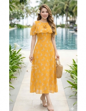 Đầm xòe voan bông hở vai màu vàng - F221