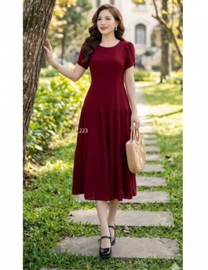 Đầm voan cổ tròn tầng xòe màu đỏ  - F223