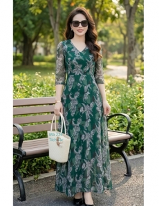 Đầm maxi voan cổ tim nền lá cây màu xanh lá   - F224