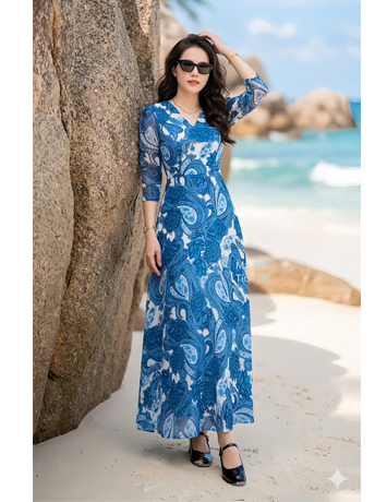Đầm maxi voan cổ tim màu xanh dương   - F225