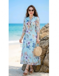  Đầm xòe voan bông cột nơ màu xanh biển - F226