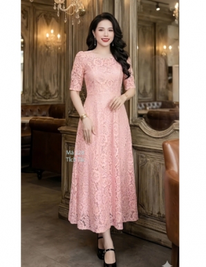  Đầm ren cổ tròn màu hồng - F228
