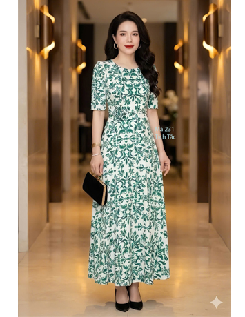 Đầm maxi lụa nền trắng hoa xanh - F231