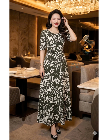 Đầm maxi lụa hoa Rêu đậm đen - F232