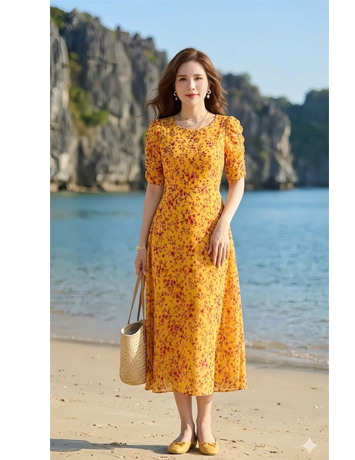 Đầm xòe cổ tròn tay nhún màu vàng hoa hồng tím - F233