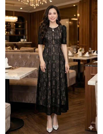 Đầm Ren chỉ cao cấp màu đen lót nude - F235
