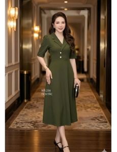 Đầm cổ vest dáng A màu xanh rau má - F236