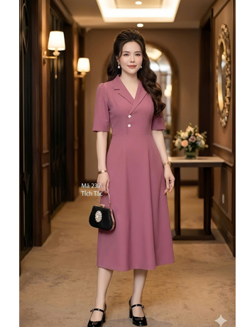 Đầm cổ vest dáng A màu hồng  - F237