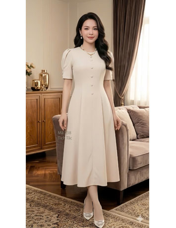 Đầm 8 mảnh cồ tròn 10 nút màu kem - F238