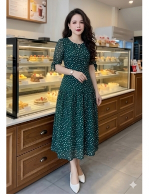 Đầm cổ tròn tầng XANH chấm bi trắng - F241