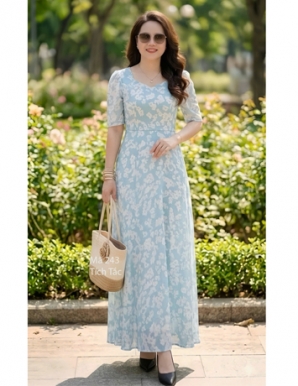 Đầm maxi voan cổ tim bông trắng nền xanh biển    - F243