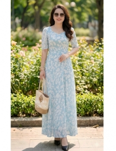 Đầm maxi voan cổ tim bông trắng nền xanh biển    - F243