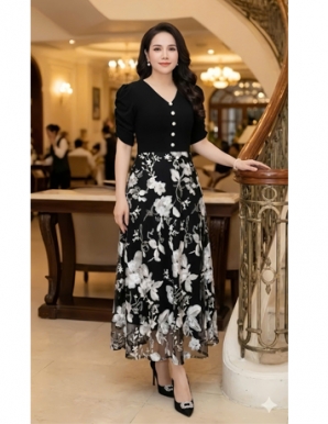 Đầm voan phối ren thêu hoa trắng nền đen- F245