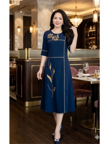 Đầm suông màu xanh đen thêu hoa đen viền đen  - F248
