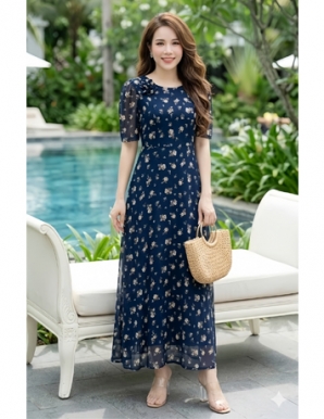 Đầm maxi voan cổ tròn đính bông màu xanh đen - F249