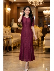 Đầm ren đuôi cá cổ tròn màu đỏ  - F252