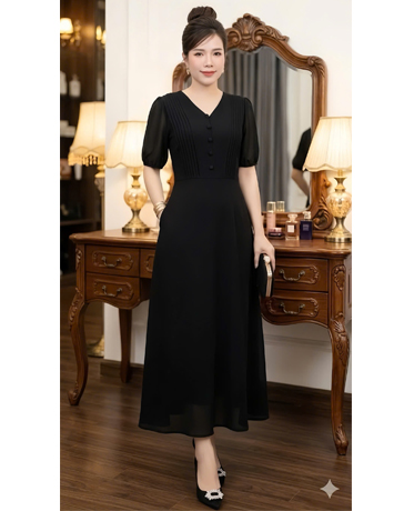 Đầm voan xếp ly ngực màu đen   - F253