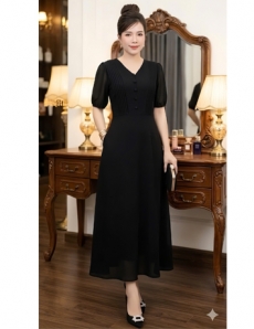 Đầm voan xếp ly ngực màu đen   - F253