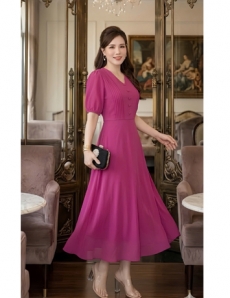 Đầm voan xếp ly ngực màu hồng sen  - F254