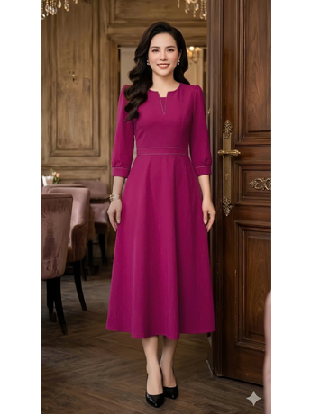 Đầm xòe cổ xẻ V chần chỉ màu hồng sen - F256