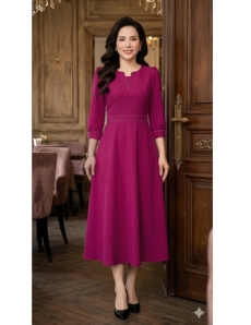 Đầm xòe cổ xẻ V chần chỉ màu hồng sen - F256