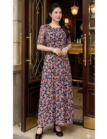 Đầm maxi voan cổ tròn nền xanh đen bông hồng da  - F260