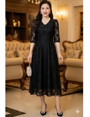 Đầm ren cổ tim bông màu đen - F263