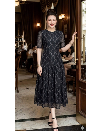Đầm ren cổ tròn tầng xòe màu đen - F265