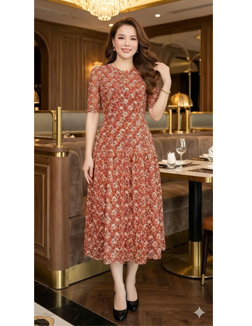 Đầm ren cổ tròn tầng xòe màu cam đỏ - F266
