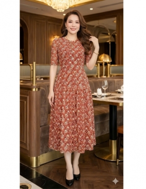 Đầm ren cổ tròn tầng xòe màu cam đỏ - F266