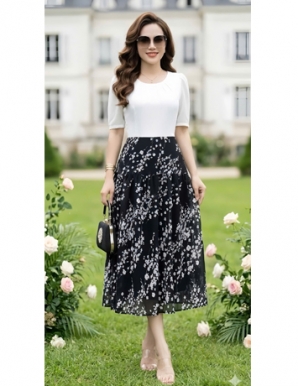 Đầm phối hoa áo xếp ly màu trắng váy tầng - F273