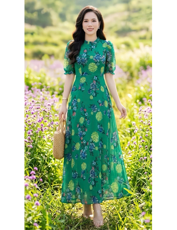Đầm maxi cổ bèo nền xanh hoa - F274