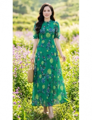 Đầm maxi cổ bèo nền xanh hoa - F274