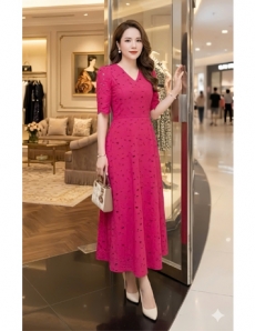 Đầm boy thêu cao cấp cổ tim màu hồng - F276