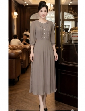 Đầm dập ly viền bèo tay lỡ màu nâu   - F277