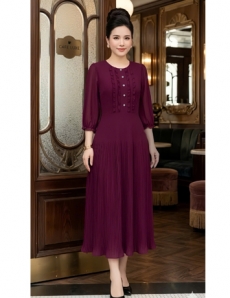 Đầm dập ly viền bèo tay lỡ màu đỏ nho   - F278