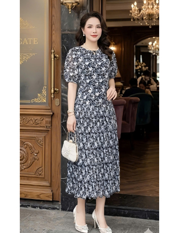 Đầm dập ly họa tiết cổ xếp ly màu đen  - F279