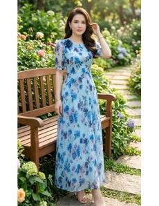 Đầm maxi voan cổ tròn nền xanh biển bông xanh  - F285