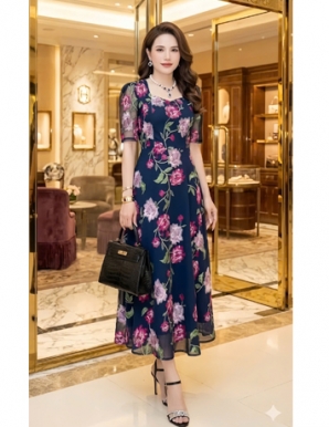 Đầm Ren Xanh đen thêu hoa hồng - F286