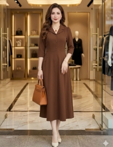 Đầm cổ vest màu nâu dáng xòe - F291