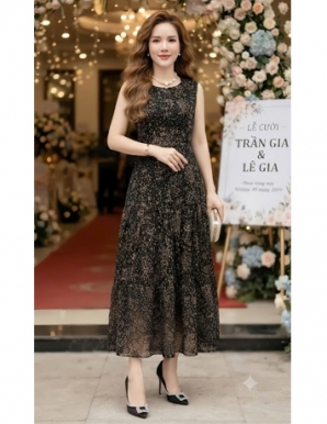 Đầm voan tầng sát nách màu đen -F297