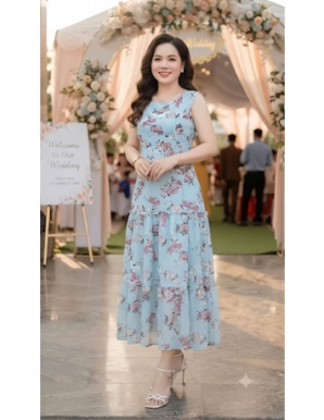 Đầm voan tầng sát nách màu xanh biển -F298