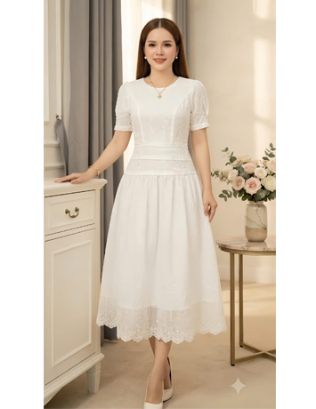 Đầm xô thêu viền eo màu trắng - F300