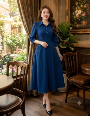 Đầm cổ sơ mi màu xanh NAVY dáng xòe - F303