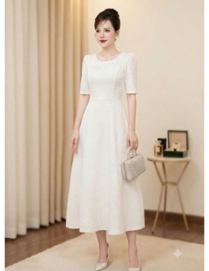 Đầm COTTON vân Gấm hoa màu trắng - F305