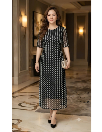 Đầm ren xuông cổ tròn màu đen  - F308